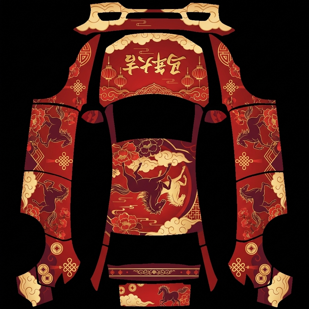 马年春节新年主题，时尚大气风 Tesla Model Y 焕新版 wrap texture - 马年春节新年主题，时尚大气