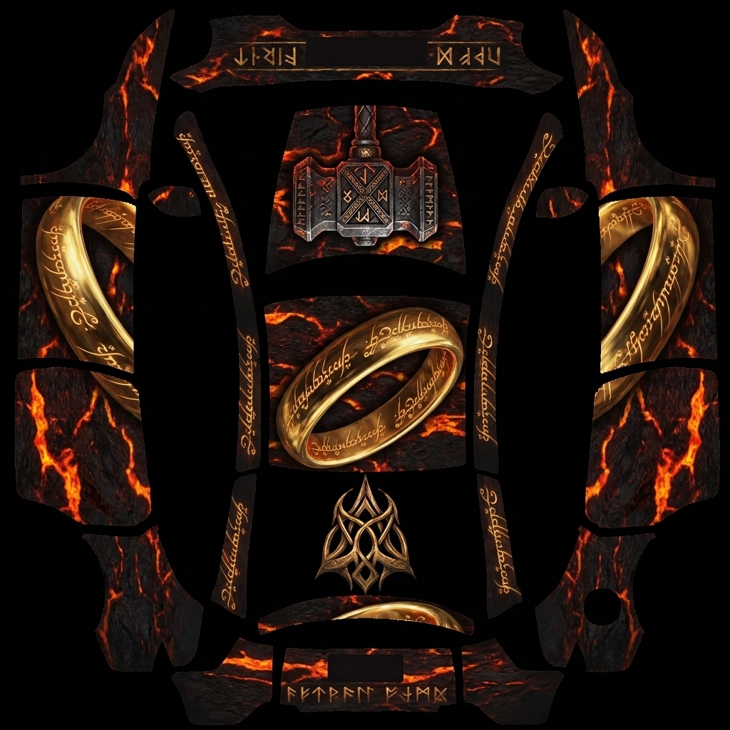 熔金铸戒 Tesla Model Y L wrap - 我是指环王系列电影的忠实粉丝，我想要一个指环王、霍比特人电影主题的皮肤，但是不要出现人像，将魔戒斜着环绕车身，车头图案用个性的武器图案，可以用铁足的重锤武器，或...