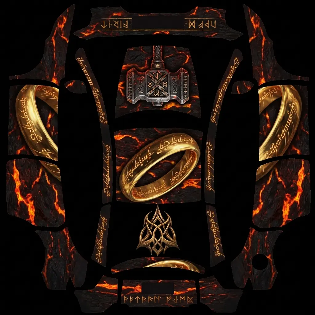Molten Ring Forge Tesla Model Y L wrap texture - 我是指环王系列电影的忠实粉丝,我想要一个指环王、霍比特人电影主题的皮肤,但是不要出现人像,将魔戒斜着环绕车身,车头图案用个性的武器图案,可以用铁足的重锤武器,或是精灵的图腾图案。整体视觉效果为暗黑熔岩
