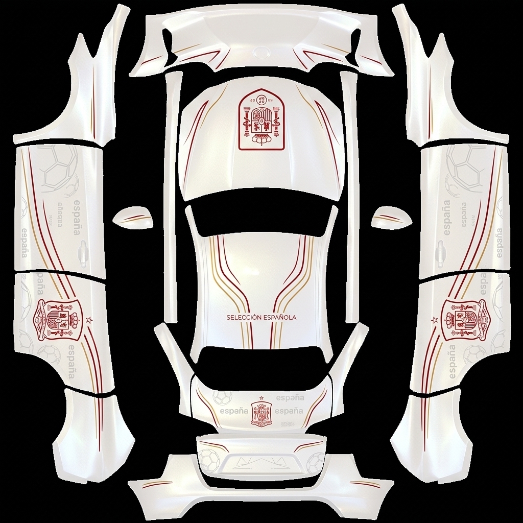 斗牛士白袍 Tesla Model Y wrap texture - 珍珠亮光白色车身，西班牙足球国家队主题车身拉花，明亮清爽风格，少量正红与暖金色装饰线条，简约线条西班牙队徽，纤细腰线拉花，浅暗纹足球元素，无大面积深色，极简运动风，城市露天场地，充足日光，画面清晰明亮