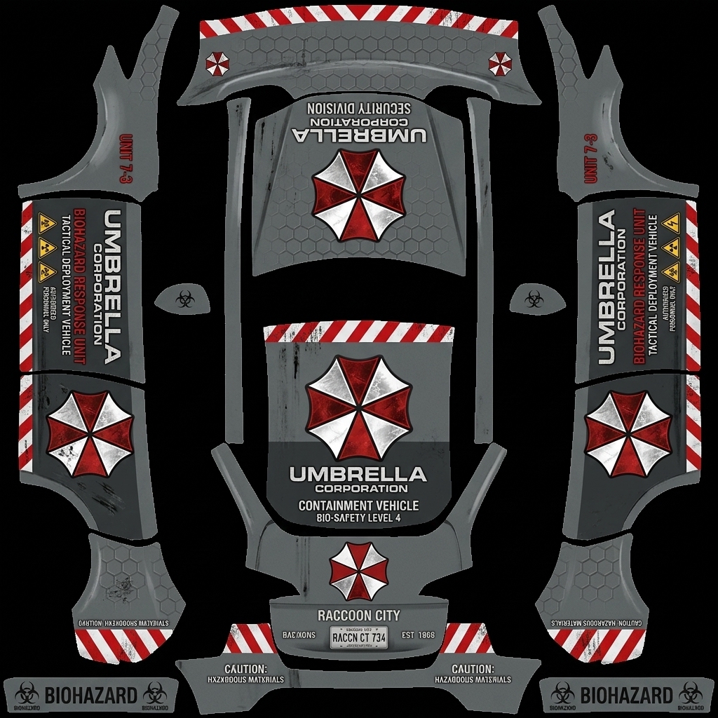 保护伞公司Y Tesla Model Y wrap texture - 生化危机游戏中，保护伞公司（Umbrella Corporation）的车辆，车身上有公司logo