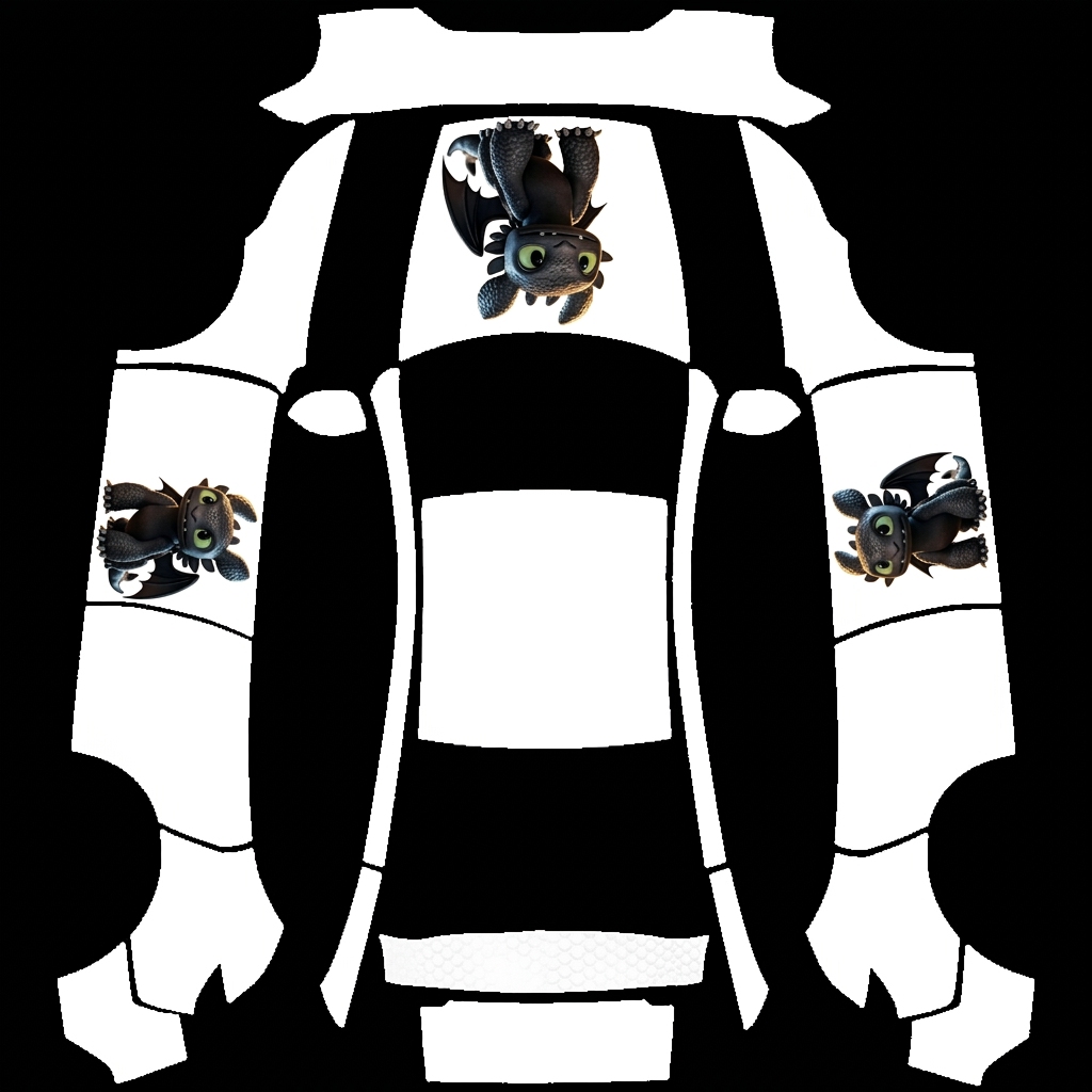 趣萌白调 Tesla Model Y 焕新版 wrap texture - 只要参考图上的卡通形象，背景白色，车最前方一个完整形象，两边车门各一个完整形象，其他地方不放。