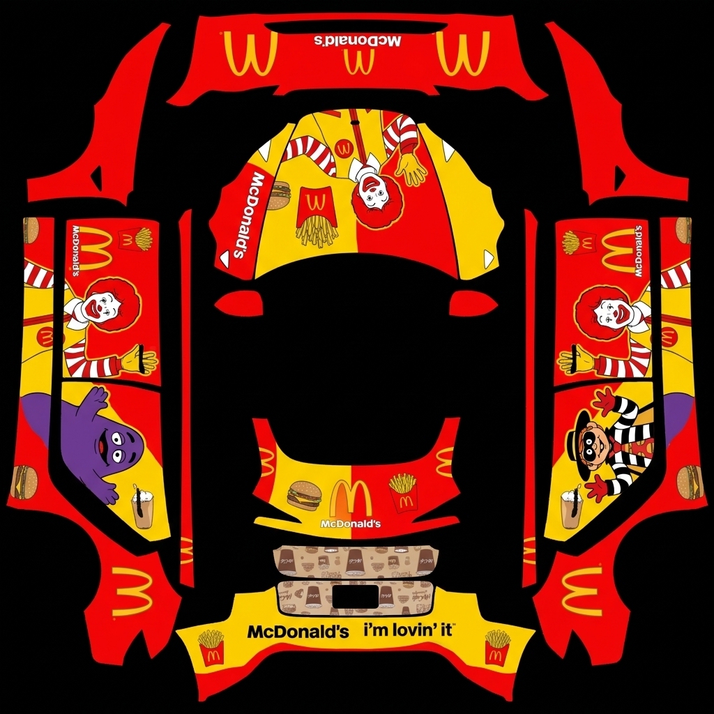 麦当劳焕新 Tesla Model 3 焕新版 wrap texture - “Full car wrap in McDonald's theme: red and yellow colors, Ronald McDonald clown character, purple G