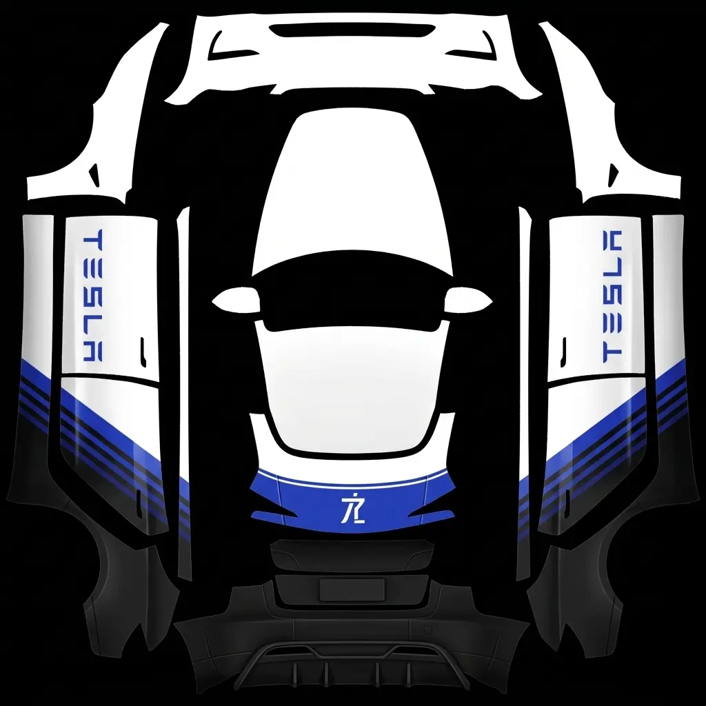 黑白双拼 Tesla Model 3 焕新版 wrap texture - 左右车门对称，颜色同照片一样，车头白色，车尾黑色，保留车门拉花