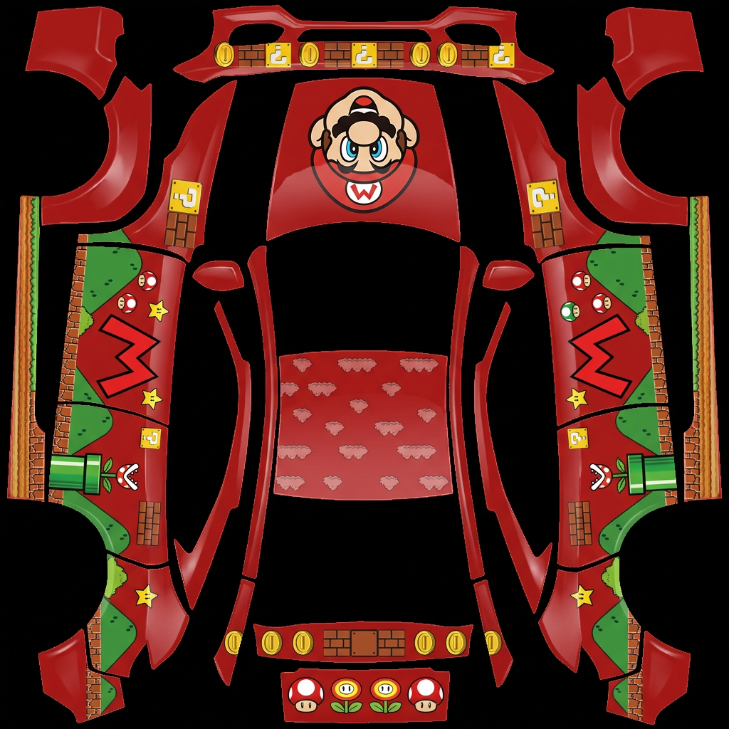 红色车身，超级玛丽主题 Tesla Model Y 焕新版 wrap texture - 红色车身，超级玛丽主题