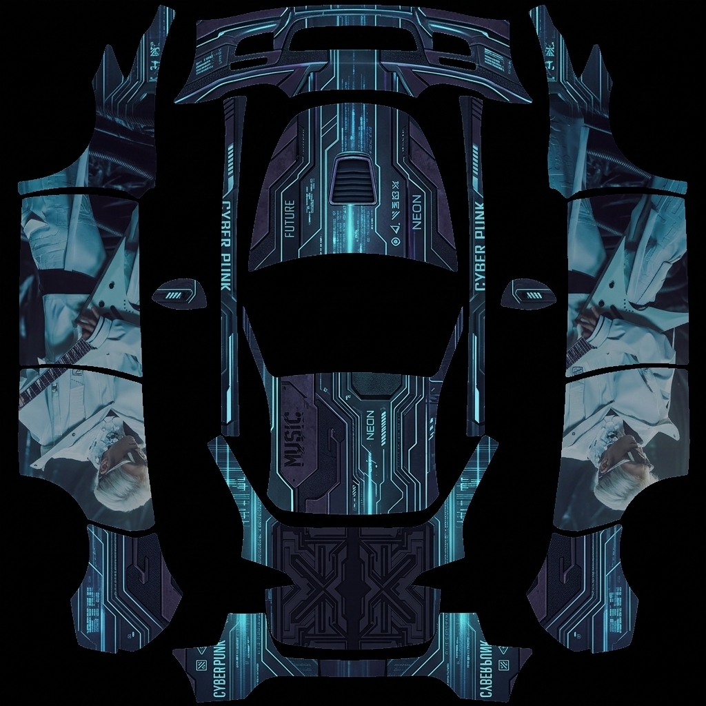 隐现侧影 Tesla Model Y wrap texture - 均匀分布覆盖全车  参考图60%透明度各显示在两侧 人物大小 刚好在两侧车门