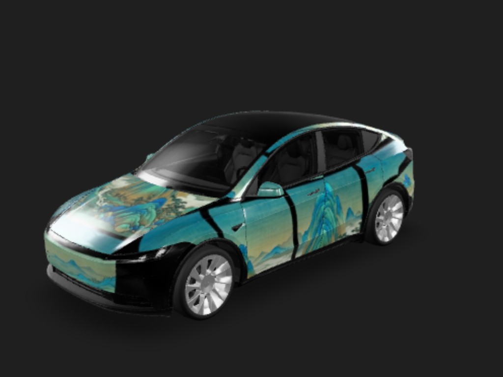 千里青绿 Tesla Model Y 基础版 wrap - 中国风风格，蓝绿色主色调，可以参考千里江山图，只此青绿不要有留白...