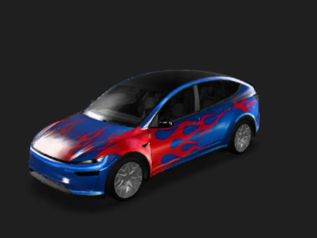 擎天战甲・觉醒 Tesla Model Y L wrap - 刚刚生成的变形金刚皮肤很不错，但是我想在此基础上做一些改进，主体颜色搭配不变，保持擎天柱车身颜色及火焰纹路，将车头部分进气格栅图案去掉，保留为纯色造型简单大气，...