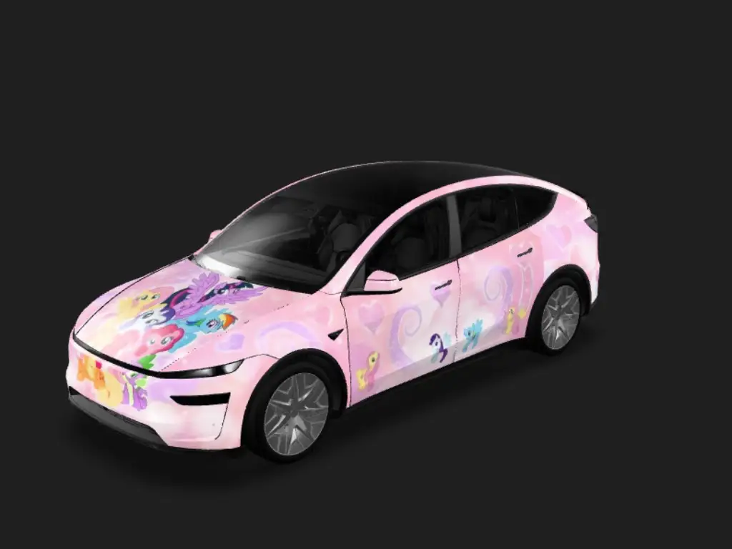 萌漫前卫 Tesla Model Y L wrap - 参考图的卡通形象放在最前方完整展示，背景按照参考图的背景色...
