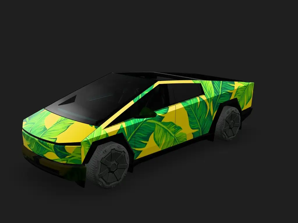 黄色背景，香蕉叶主题 Tesla Cybertruck wrap - 黄色背景，香蕉叶主题...