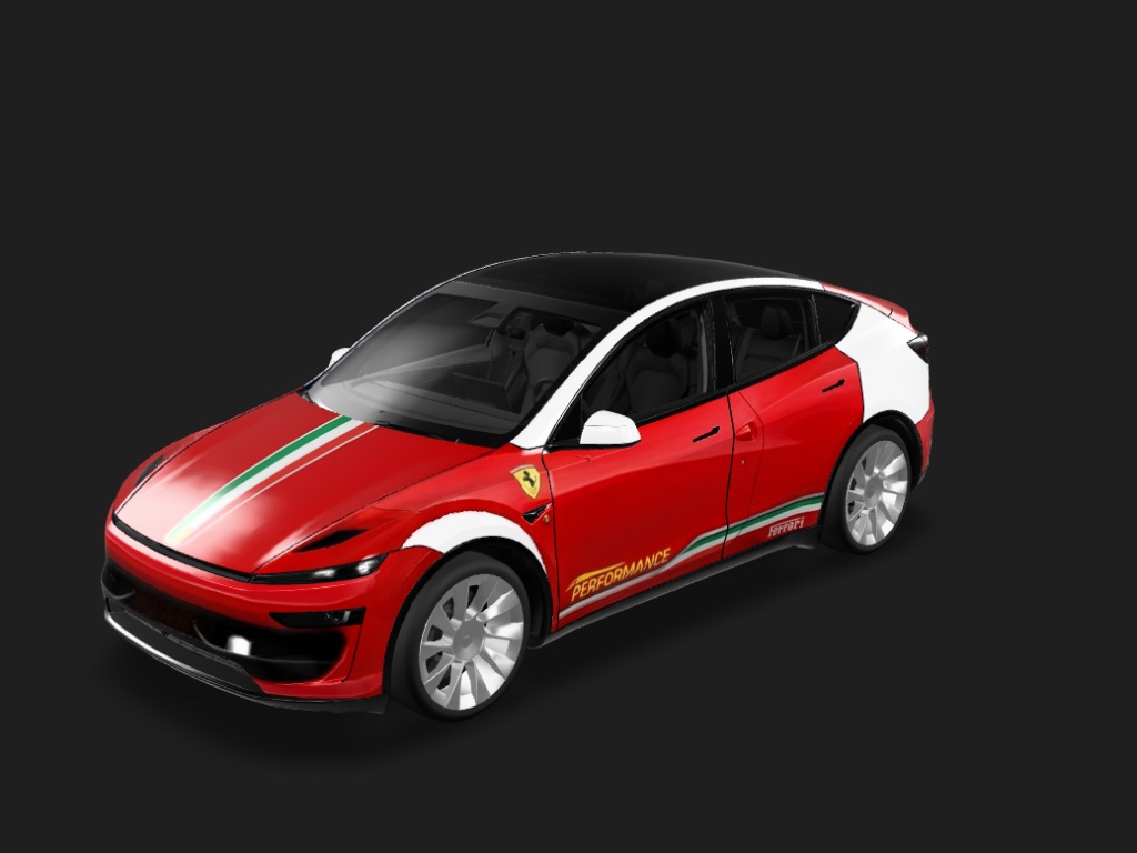 意式竞速红 Tesla Model Y 焕新版 (Performance) wrap - 法拉利经典的红色车身，黄色刹车卡钳，意大利国旗配色拉花...