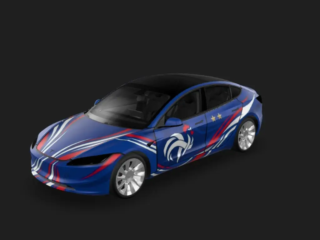 雄鸡冲锋 Tesla Model 3 焕新版 wrap - Bold France World Cup wrap graphics. Royal blue base, sharp white and red motion...