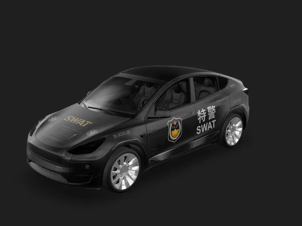 战术黑锋 Tesla Model Y wrap - 设计一款特警为主题的涂装，两边四个门和参考图一样，做上徽标和文字，整体以黑色色调为主...