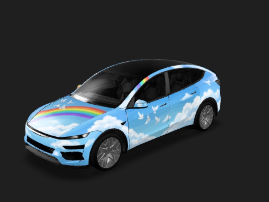 彩虹飞鸽 Tesla Model Y L wrap - 蓝色天空加上白云，和彩虹，天空中还有白色的鸽子飞来飞去...