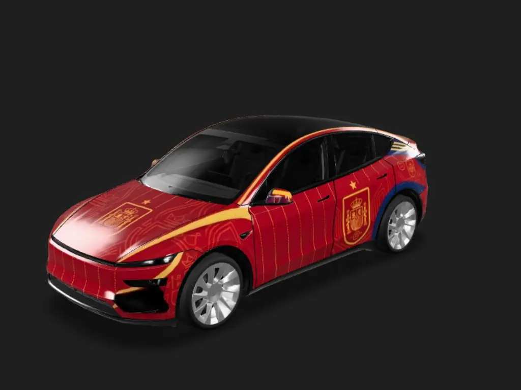 西班牙战袍 Tesla Model Y 焕新版 wrap - 2026 年世界杯西班牙国家队主题，以图片上衣服的图案作为主题，不要人物，不要号码...