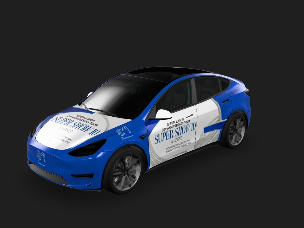 宝蓝信仰 Tesla Model Y wrap - 生成一个 Super Junior 主题，蓝色主色调，人物呈现要准确...