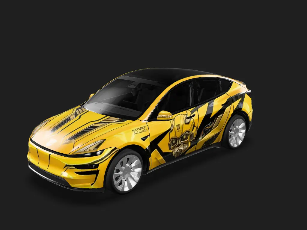 疾速蜂影 Tesla Model Y 焕新版 wrap - 以原图中的特斯拉为基础，仅改变车身涂装和视觉设计，严格保留原车型、车身结构、比例、车窗、轮毂、车灯和拍摄角度。整体采用经典的“大黄蜂”风格，以亮黄色、金黄色和黑...