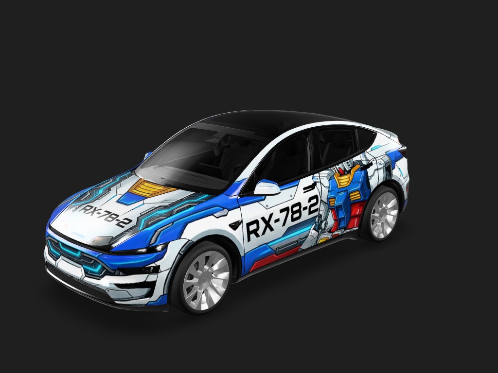 机甲风格，复杂的车身接缝，机甲感数字编号，高达风 Tesla Model Y 焕新版 wrap - 机甲风格，复杂的车身接缝，机甲感数字编号，高达...