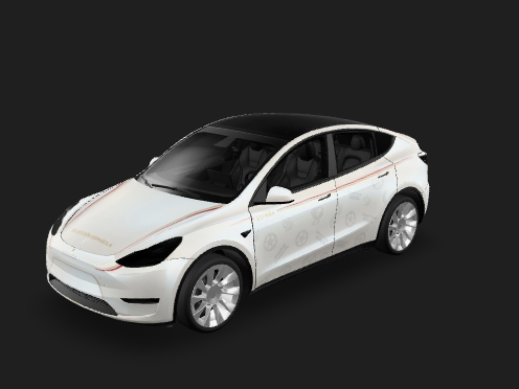 西班牙荣耀白 Tesla Model Y wrap - 珍珠亮光白色车身，西班牙足球国家队主题车身拉花，明亮清爽风格，少量正红与金色装饰线条，简约线条西班牙队徽，纤细腰线拉花，浅暗纹美加墨足球元素，无大面积深色，极简...