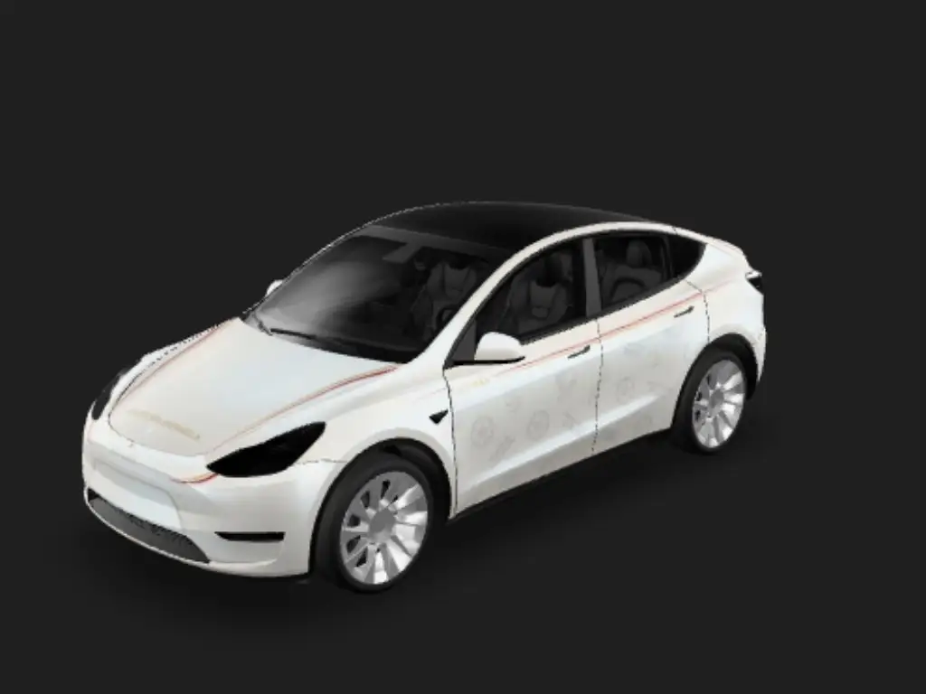 西班牙荣耀白 Tesla Model Y wrap - 珍珠亮光白色车身，西班牙足球国家队主题车身拉花，明亮清爽风格，少量正红与金色装饰线条，简约线条西班牙队徽，纤细腰线拉花，浅暗纹美加墨足球元素，无大面积深色，极简...