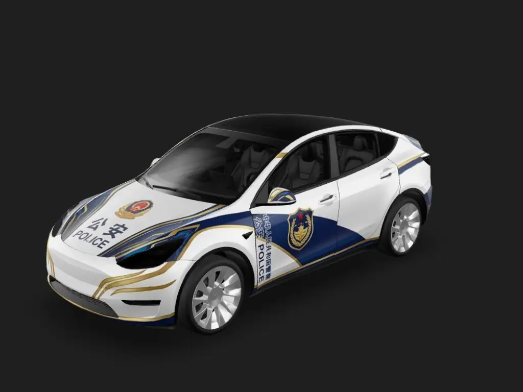 警用先锋 Tesla Model Y wrap - 帮我做一个中国警察的汽车涂装，要牛逼一点的，尽量接近真实警车涂装...