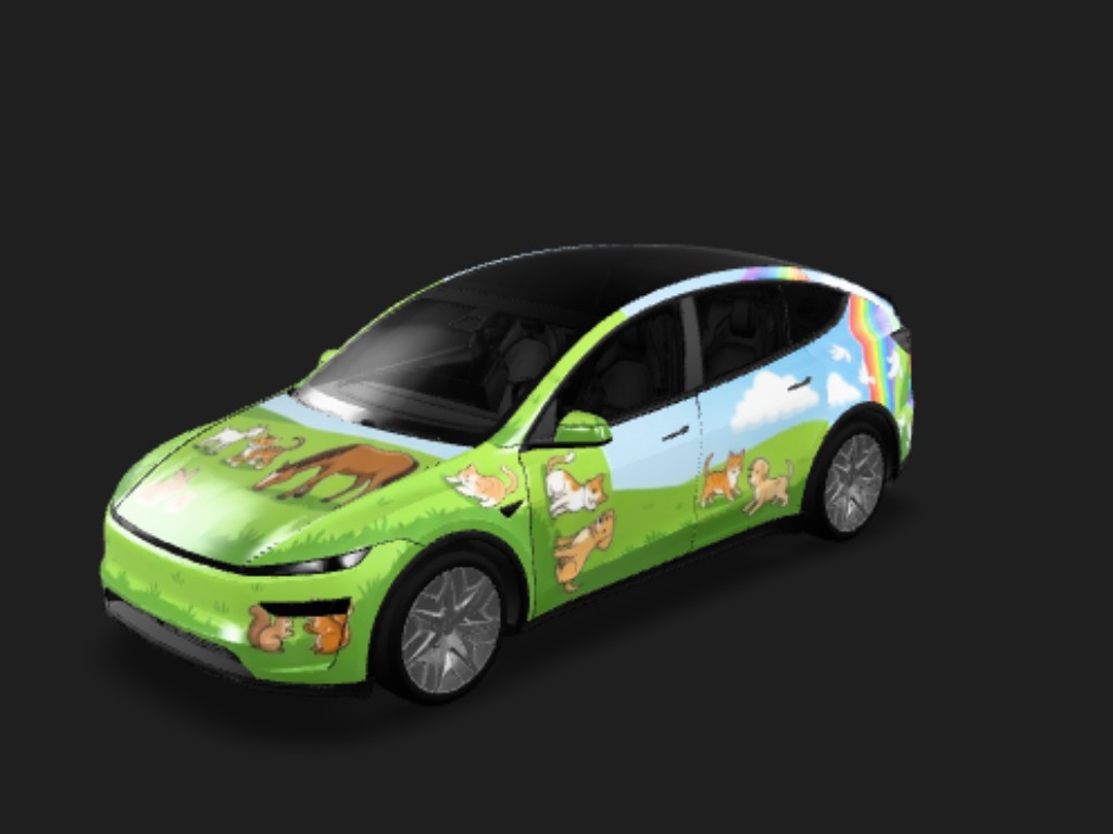 和谐牧歌 Tesla Model Y L wrap - 绿色大草原+蓝色天空加上白云，和彩虹，天空中还有白色的鸽子飞来飞去，地上有白色山羊、🐂，兔子、小松鼠、马、老虎、狐狸、猫咪、狗狗和平相处...