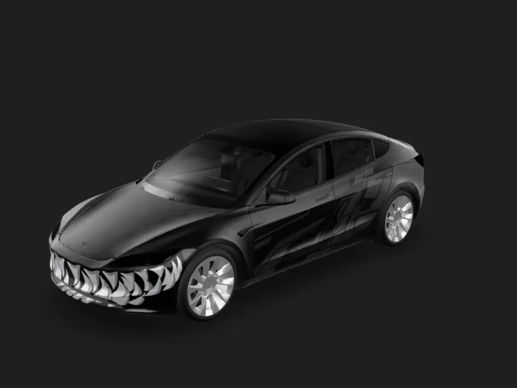 亮黑前锋 Tesla Model 3 焕新版 wrap - 将这个图片生成在车辆的前保险杠位置，车漆颜色变亮黑色...