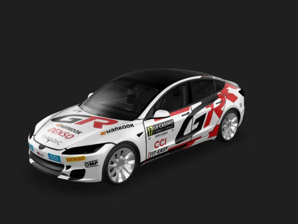 生成和参考图完全一致的涂装，车辆是丰田 GAZOO Raci Tesla Model 3 焕新版 wrap - 生成和参考图完全一致的涂装，车辆是丰田 GAZOO Racing WRT。一定要做到画质清晰，图案完整清晰...