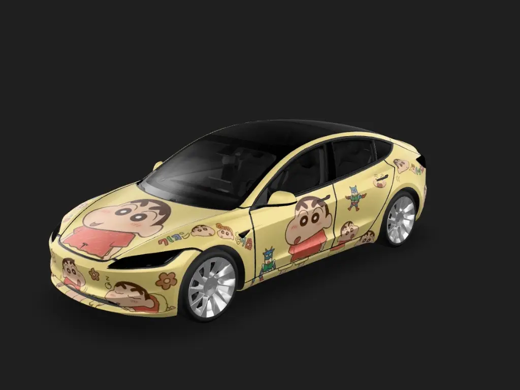 萌黄小新 Tesla Model 3 焕新版 wrap - 小鸡黄的蜡笔小新，大一点 可爱一点 图案不要太密集，车顶也要图片...