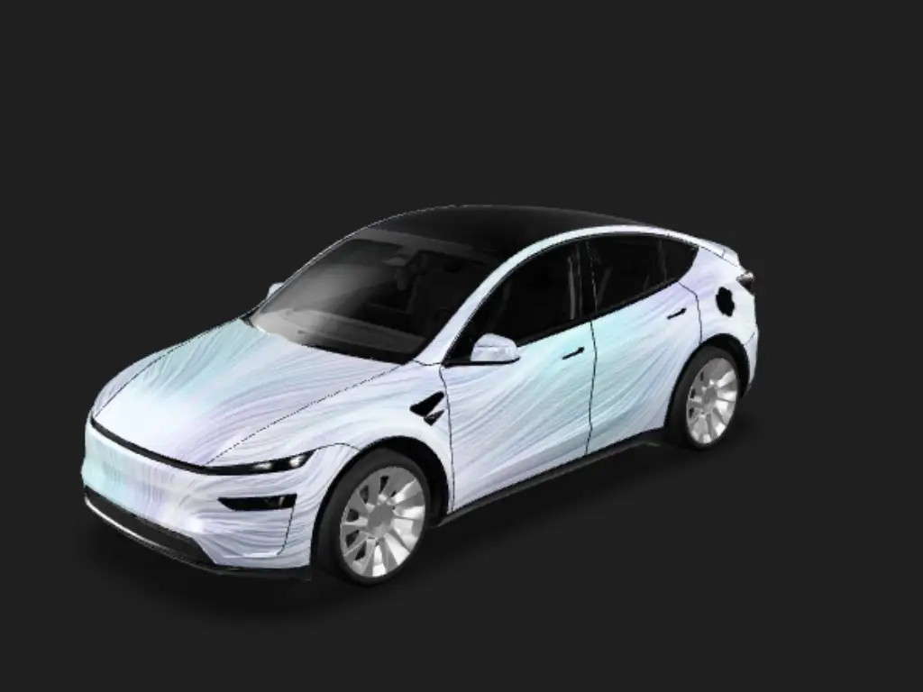 冰晶流光 Tesla Model Y 焕新版 wrap - 以原图中的特斯拉为基础，仅改变车身涂装，保留原车型、车身结构、比例、车窗、轮毂、车灯、拍摄角度和背景。设计一款简洁明亮的密集线条车身皮肤，以白色、银色、冰蓝、浅...
