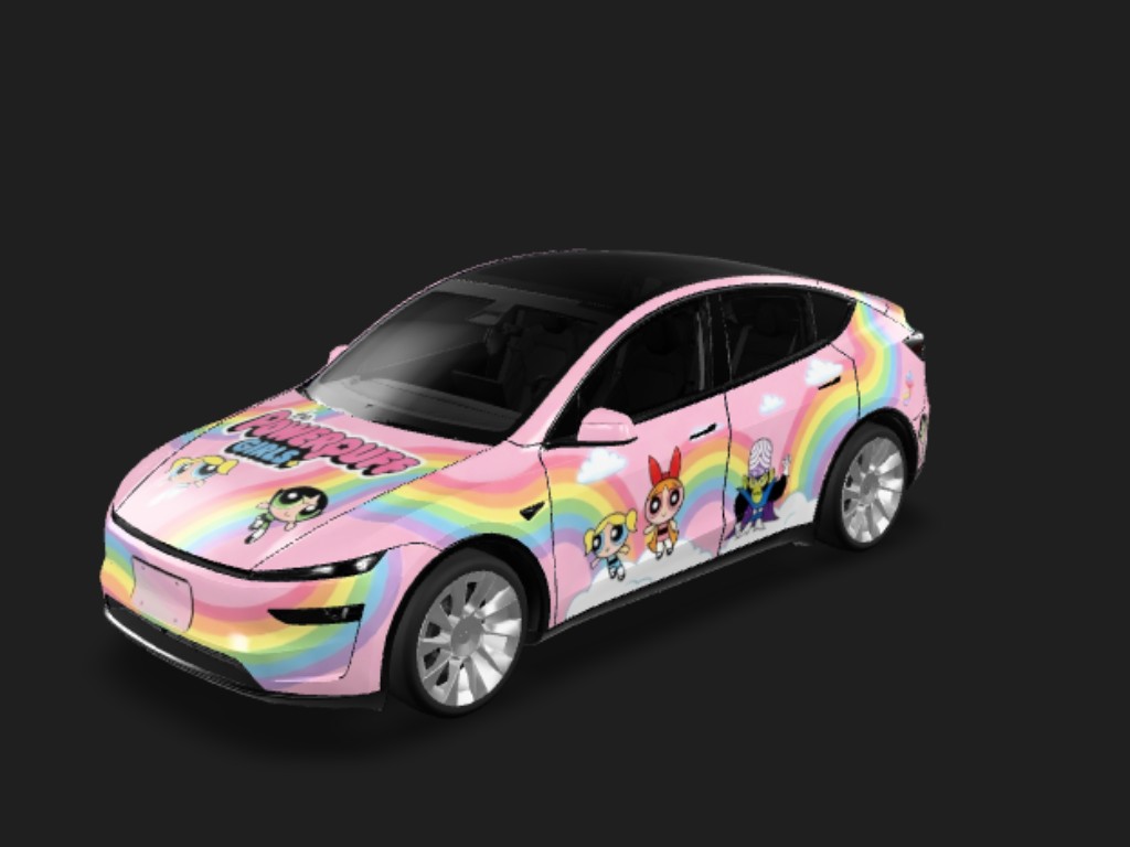 以粉色为底色，飞天小女警为主题生成皮肤，参考下图 Tesla Model Y 焕新版 wrap - 以粉色为底色，飞天小女警为主题生成皮肤，参考下图...