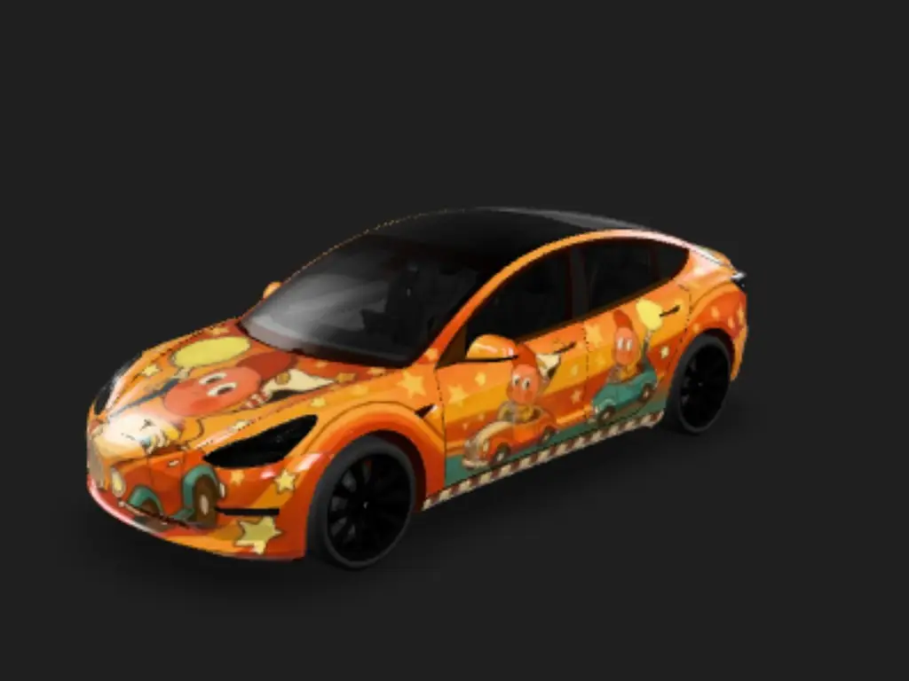 星际驾驭 Tesla Model 3 wrap - 给我生成如图星星人的车机皮肤，我希望星星人也开着小汽车，在前面后面扯面都要有对应的图片...