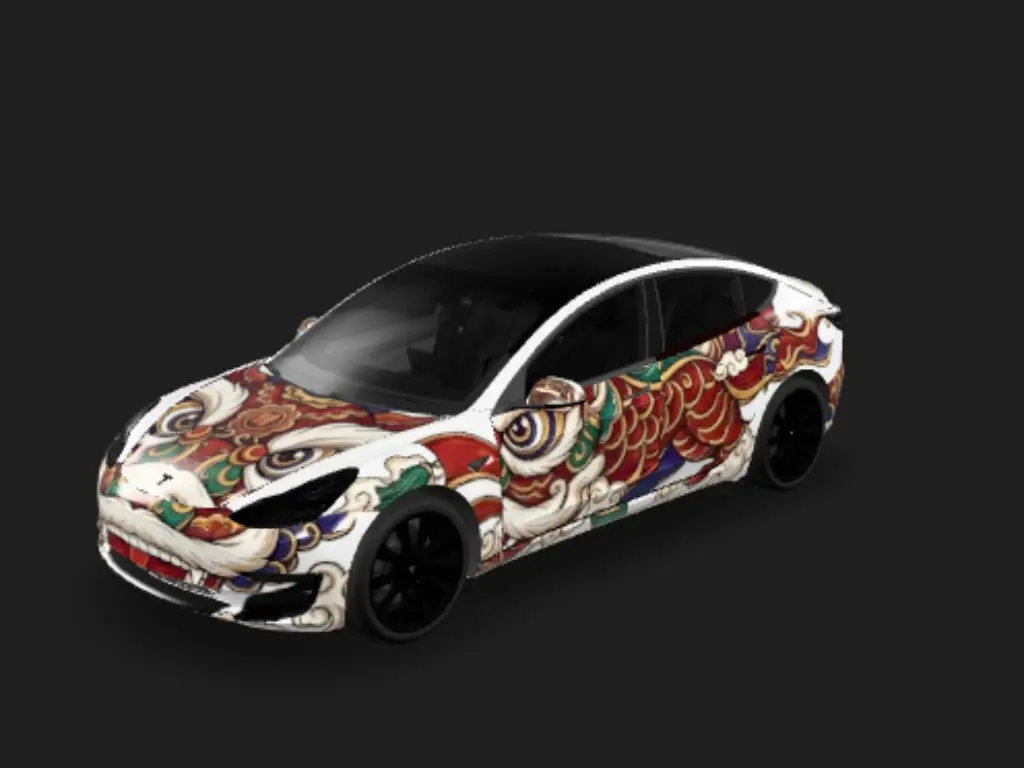 醒狮神韵 Tesla Model 3 wrap - 请帮我设计一个具有中国元素的醒狮元素，不要太花了，具有中国韵味...