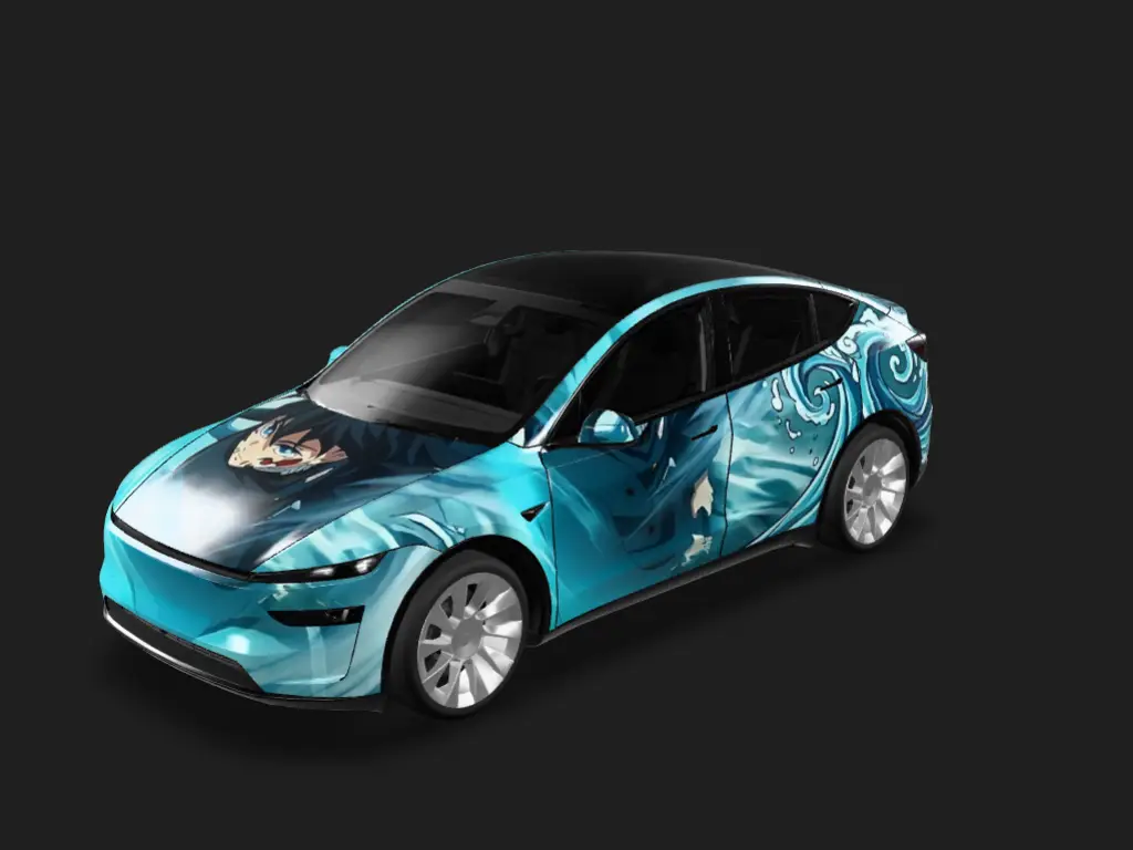 神采引擎 Tesla Model Y 焕新版 wrap - 把人物的脸和主要动作铺到引擎盖上，其他的按照图片的配色铺满车辆。你帮我优化和合理组合。...