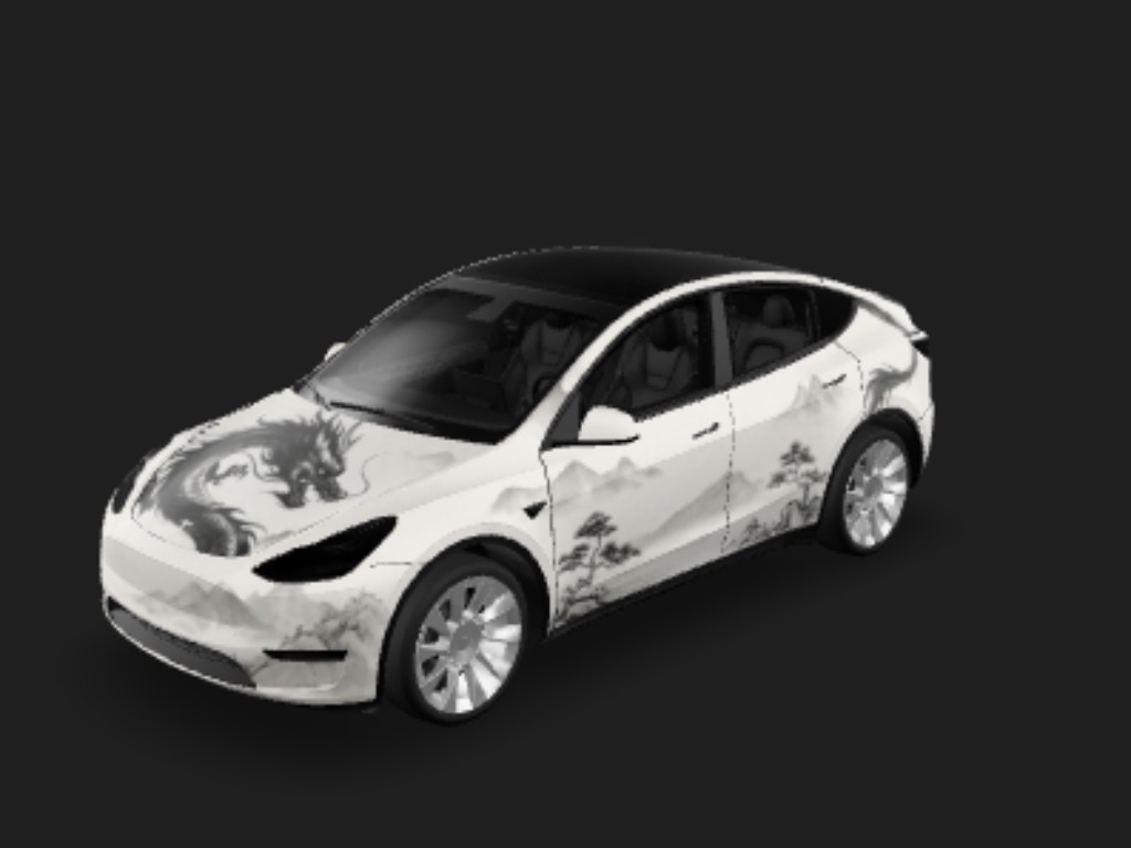 墨韵龙吟 Tesla Model Y wrap - 正向：特斯拉 Model Y 哑光白车身，车身单侧水墨黑色龙纹渐变图案，淡墨山水点缀，新中式国风，柔和自然光，高级素雅贴膜，不遮挡车窗
负面：图案杂乱、大红艳色...