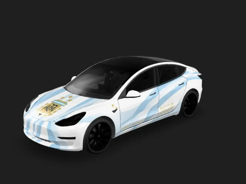 阿根廷荣耀 Tesla Model 3 wrap - 2026 年世界杯阿根廷国家队主题，元素不要太多，
机盖上有队标...
