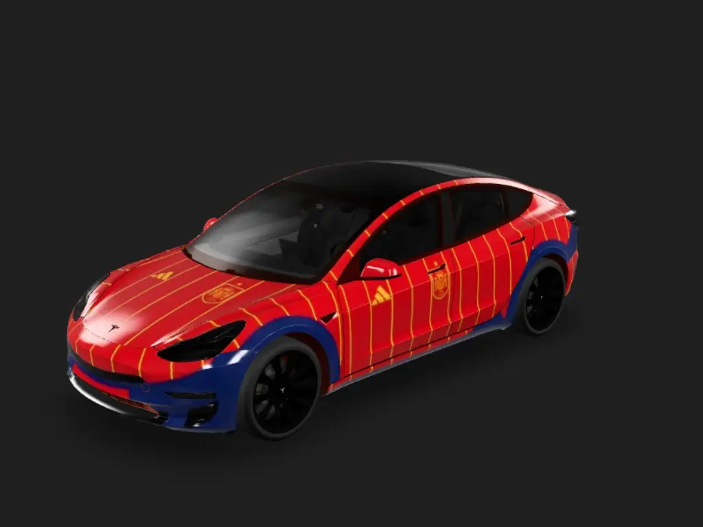 斗牛士战袍 Tesla Model 3 wrap - 2026 年世界杯西班牙国家队主题，以图片上衣服的图案作为主题，不要人物，不要号码...