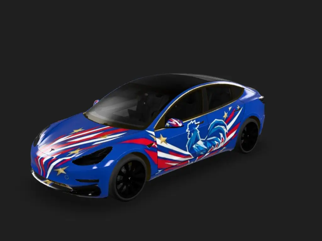 三色凯旋 Tesla Model 3 wrap - Bold France World Cup wrap graphics. Royal blue base, sharp white and red motion...