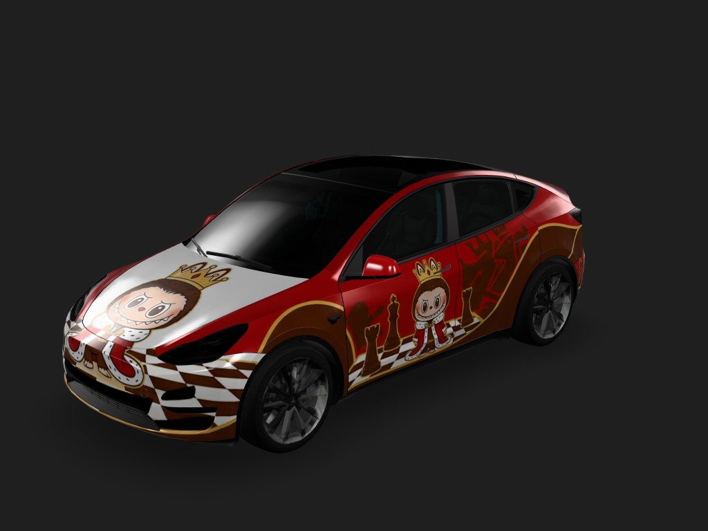 labubu 主题，车身颜色以红和棕为主，labubu 形象用象棋大国王的哪一款 Tesla Model Y wrap - labubu 主题，车身颜色以红和棕为主，labubu 形象用象棋大国王的哪一款...