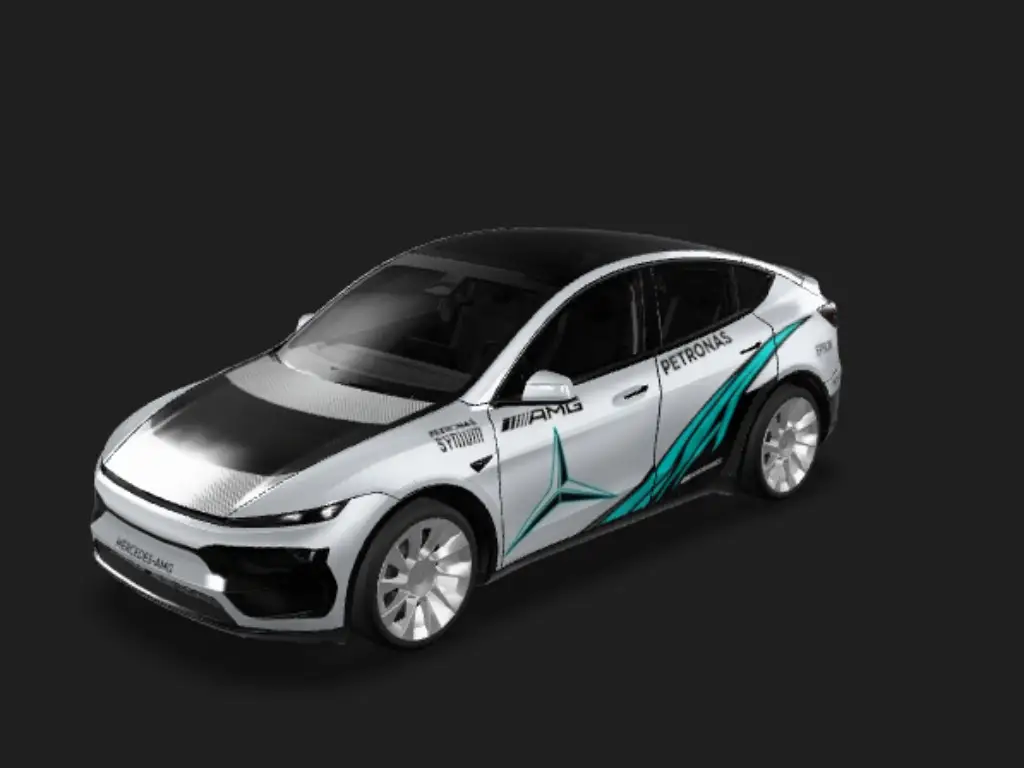 银箭竞速 Model Y Tesla Model Y 焕新版 wrap - 参考梅赛德斯奔驰F1“银剑”赛车涂装做一个类似的皮肤，主体底色为银色，银色占据大部分区域，其他部分区域参考赛车，设计一些性能范的图案纹理，颜色主要用梅奔赛车上的...