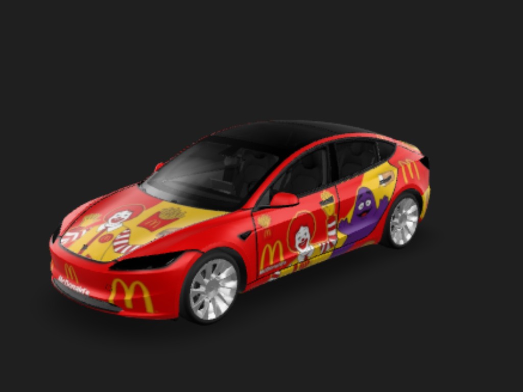 麦当劳焕新 Tesla Model 3 焕新版 wrap - “Full car wrap in McDonald's theme: red and yellow colors, Ronald McDonald clown...