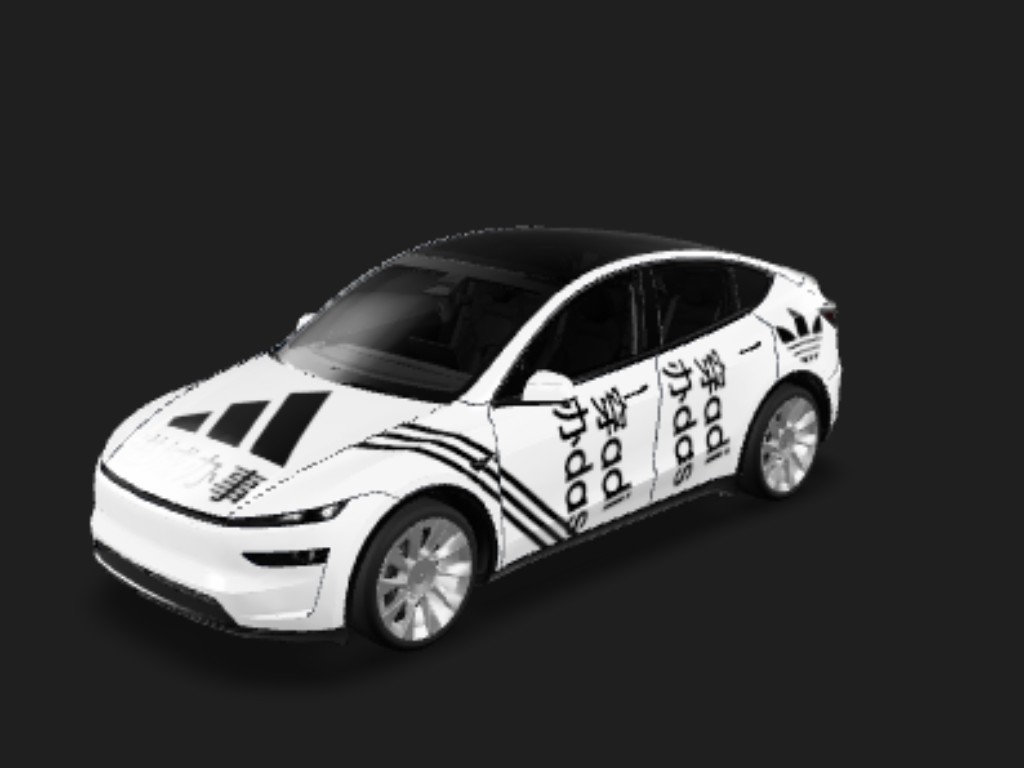 阿迪都市行 Tesla Model Y 焕新版 wrap - 车盖是阿迪达斯的三线logo和下方文字“进城办事”，logo不要用三叶草那个，用三线那个；前后车门是一个整体，上下结构，上面是阿迪达斯的三叶草logo，logo...