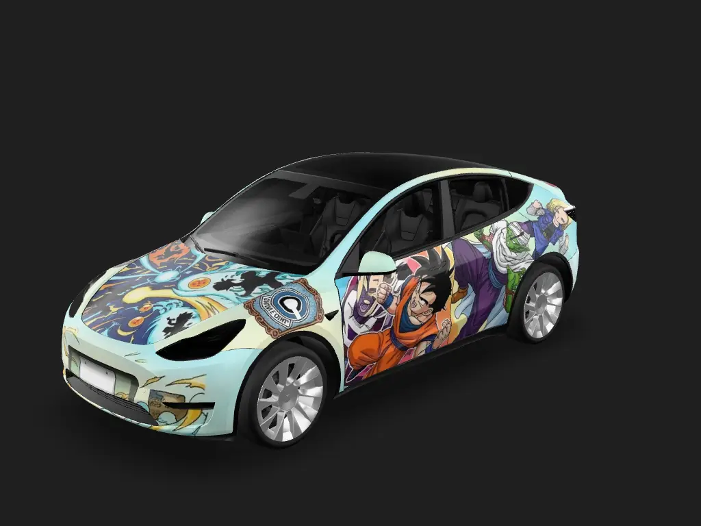 龙珠宇宙战车 Tesla Model Y wrap - 以日本漫画七龙珠为主题设计车身，车身上要包含七龙珠中的主要角色任务，例如孙悟空，孙悟饭，孙悟天，贝吉塔，特兰克斯，小林，天津饭，短笛，乐平等任务，图像在车身上排...