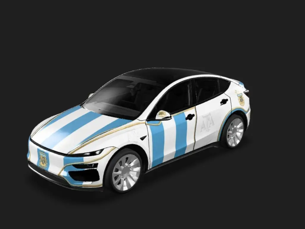 潘帕斯荣耀 Tesla Model Y 焕新版 wrap - 2026 年世界杯阿根廷队主题，要有阿根廷国家队队服元素，整体统一性高...