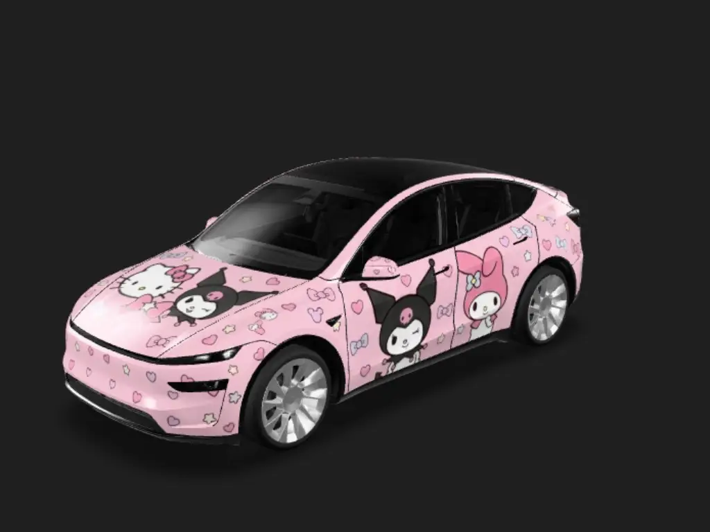 粉萌三丽鸥 Tesla Model Y 焕新版 wrap - 粉色的底色，有hello kitty，My Melody、Kuromi，尽量不要有文字出现。整体以这3个角色为主，不希望出现骷髅等这些奇怪的元素。...