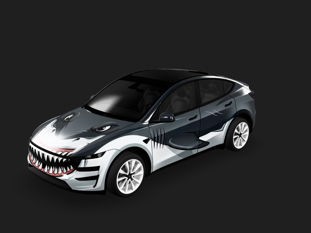 极速黑鲨 Tesla Model Y 焕新版 wrap - 鲨鱼车身，整车像一条鲨鱼，背部黑色，腹部白色，车头有牙齿，机盖上有眼睛...