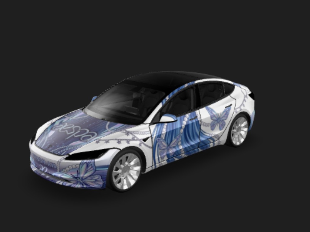 冬日精灵座驾 Tesla Model 3 焕新版 wrap - 这是韩国女团金玟庭，生成涂装，要高清高质量，衔接协和，图一生成在车的左侧面，整体再用aespa特色点缀...