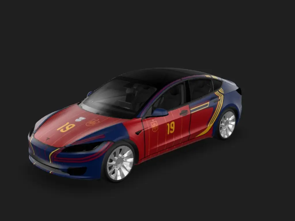 红潮战袍纹 Tesla Model 3 焕新版 wrap - 2026 年世界杯西班牙国家队主题，以图片上衣服的图案作为主题，不要人物...