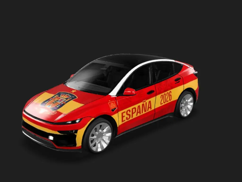 斗牛士之魂 Tesla Model Y 焕新版 wrap - 2026 年世界杯西班牙国家队主题，以图片上的图案作为主题，主图案在机盖上，不要中文字...