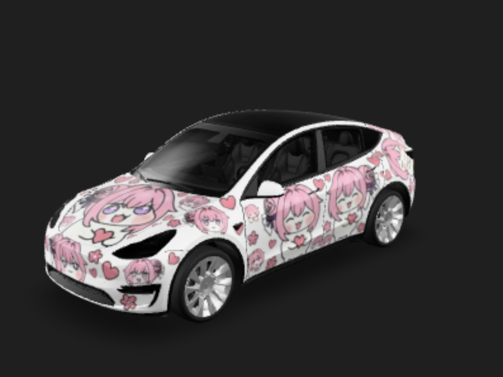 Doro Y 次元潮车 Tesla Model Y wrap - 特斯拉Model Y全车都是参考图角色满铺痛车彩绘涂装，整车大面积布满Doro形象，角色元素覆盖引擎盖、两侧车门、翼子板、车尾区域，多角度姿态的Doro错落排布...